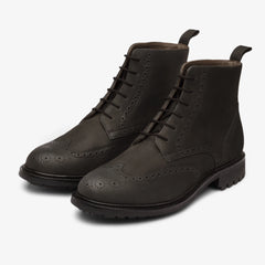 BLACK RUGGED LEATHER LACE UP BROGUE WINGTIP BOOTS - BB37