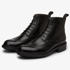 BLACK LEATHER LACE UP BROGUE WINGTIP BOOTS - BB35
