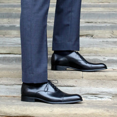 BLACK LEATHER BROGUE ROUND TOE CAP OXFORDS - FBL11