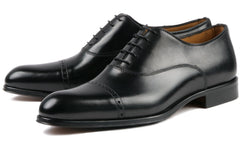 BLACK LEATHER BROGUE ROUND TOE CAP OXFORDS - FBL11