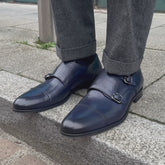 BLUE LEATHER DOUBLE MONK STRAP SHOES - MBL2