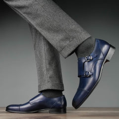 BLUE LEATHER DOUBLE MONK STRAP SHOES - MBL2