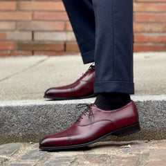 BURGUNDY LEATHER BROGUE ROUND TOE CAP OXFORDS - FBR12