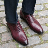 BURGUNDY LEATHER BROGUE ROUND TOE CAP OXFORDS - FBR12