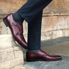 BURGUNDY LEATHER DOUBLE MONK STRAP SHOES - MBU1