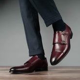 BURGUNDY LEATHER DOUBLE MONK STRAP SHOES - MBU1