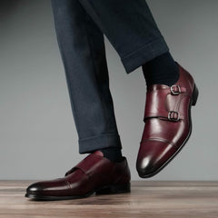 BURGUNDY LEATHER DOUBLE MONK STRAP SHOES - MBU1