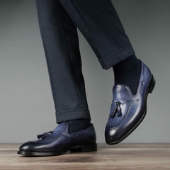 NAVY BLUE ROUND TOE TASSEL LOAFERS - LNR8