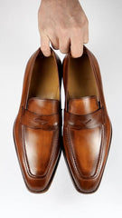 TAN CHESTNUT LEATHER SLIP ON LOAFERS SHOES - LT2
