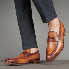 TAN CHESTNUT LEATHER SLIP ON LOAFERS SHOES - LT2