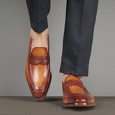 TAN CHESTNUT LEATHER SLIP ON LOAFERS SHOES - LT2