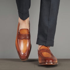 TAN CHESTNUT LEATHER SLIP ON LOAFERS SHOES - LT2