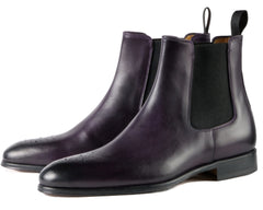 PURPLE LEATHER SLIP ON BROGUE CHELSEA BOOTS - BP29