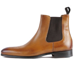 TAN LEATHER SLIP ON BROGUE CHELSEA BOOTS - BT28