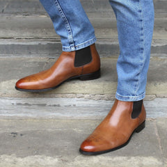 TAN LEATHER SLIP ON BROGUE CHELSEA BOOTS - BT28