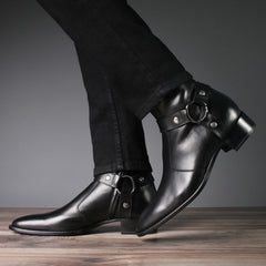 BLACK LEATHER ZIPPER HARNESS CHELSEA BOOTS - BBZ1