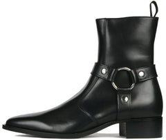 BLACK LEATHER ZIPPER HARNESS CHELSEA BOOTS - BBZ1