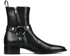BLACK LEATHER ZIPPER HARNESS CHELSEA BOOTS - BBZ1