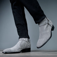 GREY SUEDE LEATHER ZIPPER HARNESS CHELSEA BOOTS - BG4