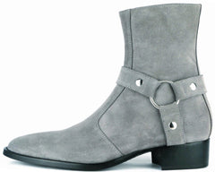 GREY SUEDE LEATHER ZIPPER HARNESS CHELSEA BOOTS - BG4