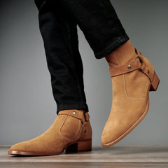 CAMEL SUEDE LEATHER ZIPPER HARNESS CHELSEA BOOTS - BBZ1