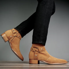 CAMEL SUEDE LEATHER ZIPPER HARNESS CHELSEA BOOTS - BBZ1