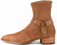 CAMEL SUEDE LEATHER ZIPPER HARNESS CHELSEA BOOTS - BBZ1