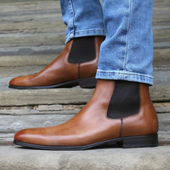 TAN LEATHER SLIP ON BROGUE CHELSEA BOOTS - BT28