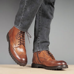 TAN LEATHER LACE UP BROGUE WINGTIP BOOTS - BT24