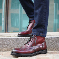 BURGUNDY LEATHER LACE UP BROGUE WINGTIP BOOTS - BBU23