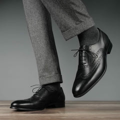 BLACK LEATHER BROGUE WINGTIP ROUND TOE OXFORDS FORMALS - FT19