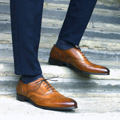 TAN LEATHER BROGUE WINGTIP ROUND TOE OXFORDS FORMALS - FT17
