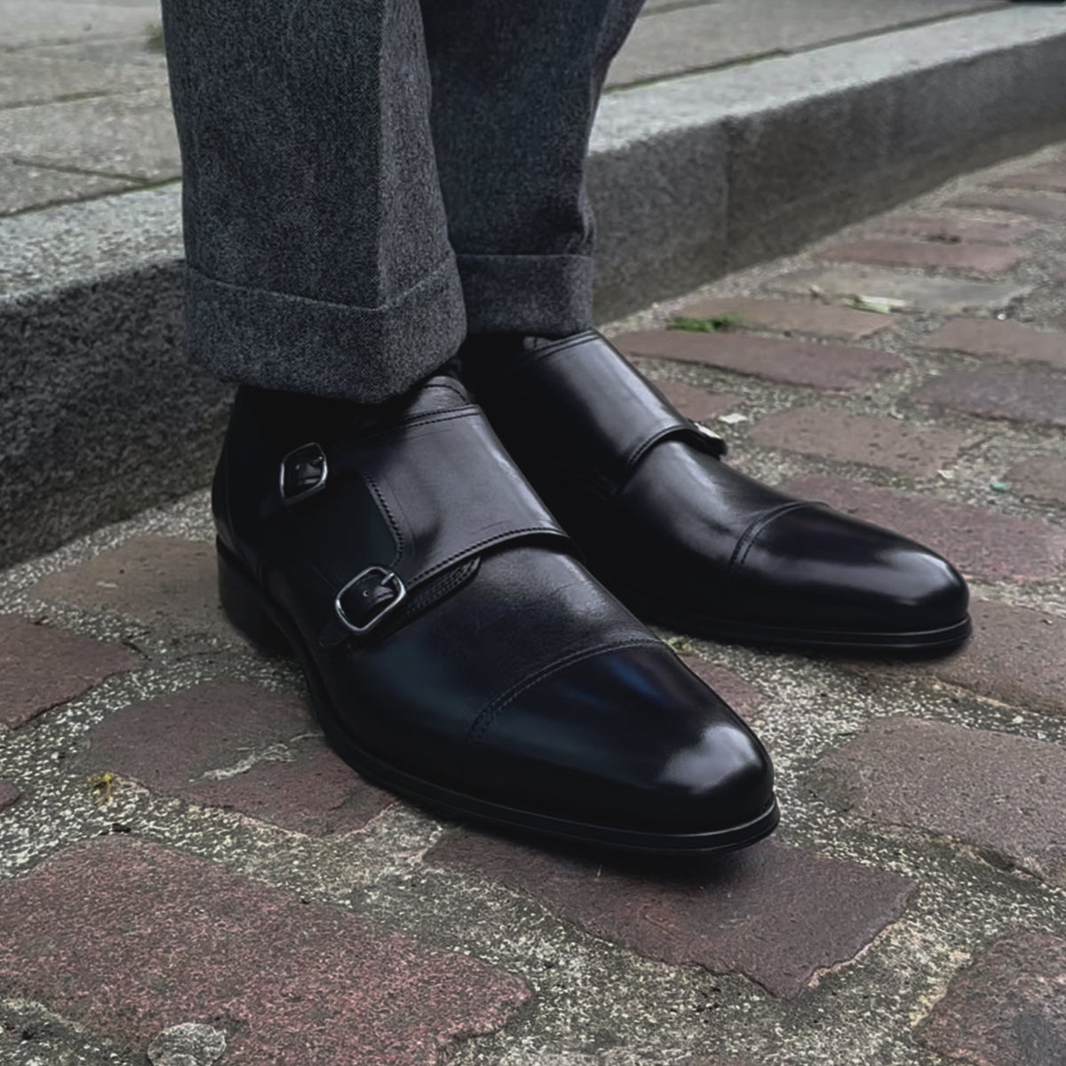 BLACK LEATHER DOUBLE MONK STRAP SHOES - MB3