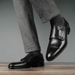 BLACK LEATHER DOUBLE MONK STRAP SHOES - MB3