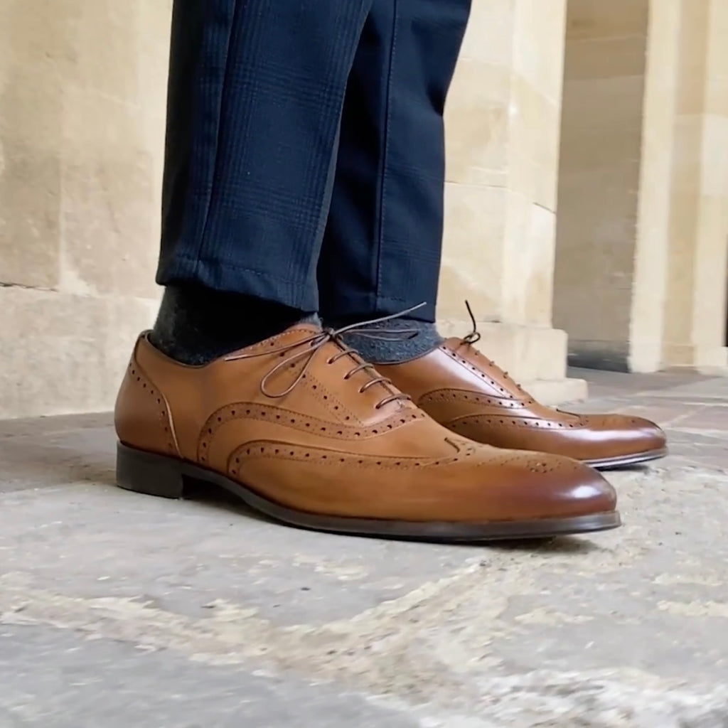 TAN LEATHER BROGUE WINGTIP ROUND TOE OXFORDS FORMALS - FT17