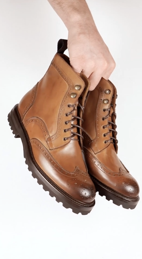 TAN LEATHER LACE UP BROGUE WINGTIP BOOTS - BT24