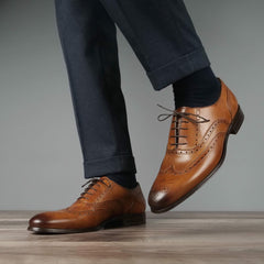 TAN LEATHER BROGUE WINGTIP ROUND TOE OXFORDS FORMALS - FT17