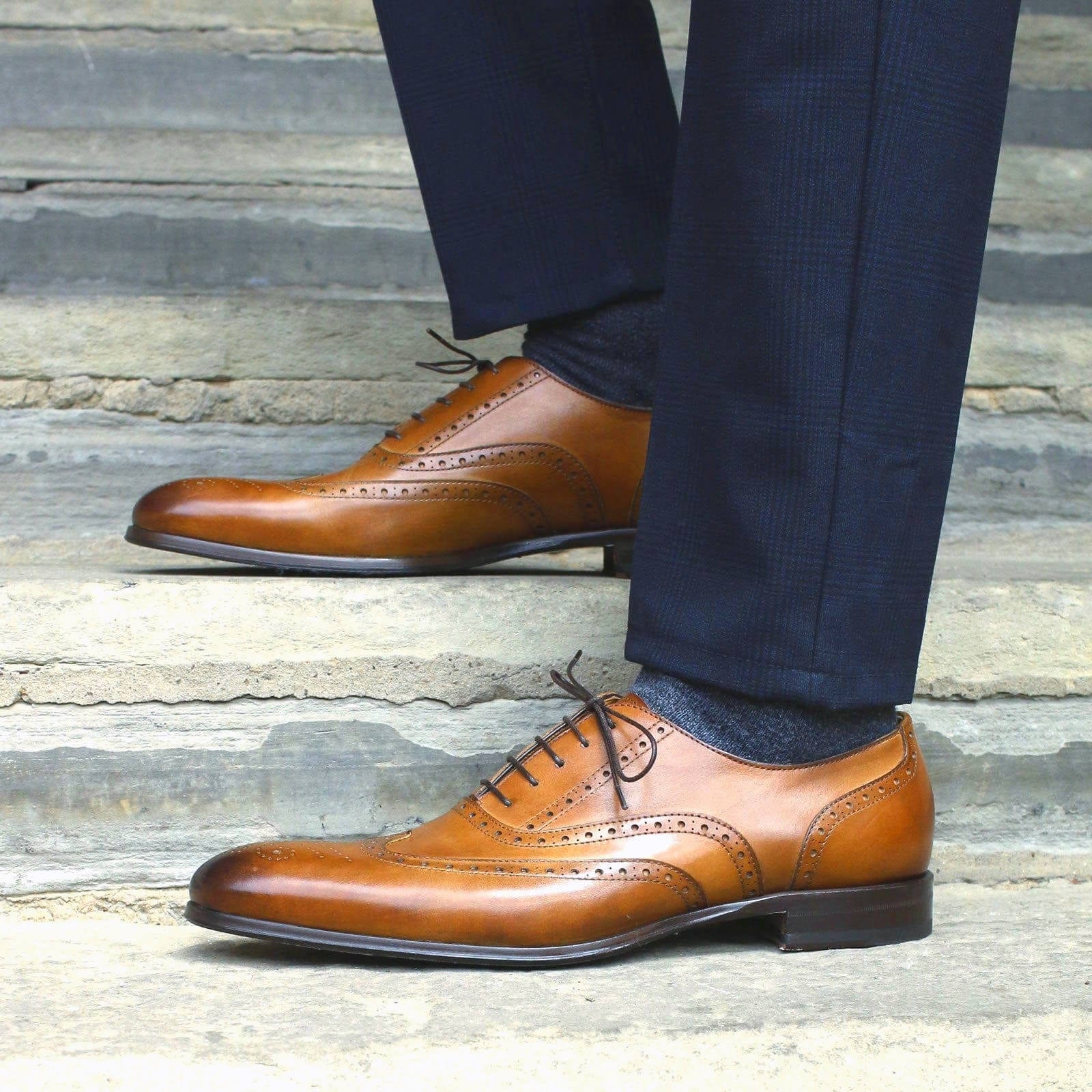 TAN LEATHER BROGUE WINGTIP ROUND TOE OXFORDS FORMALS - FT17
